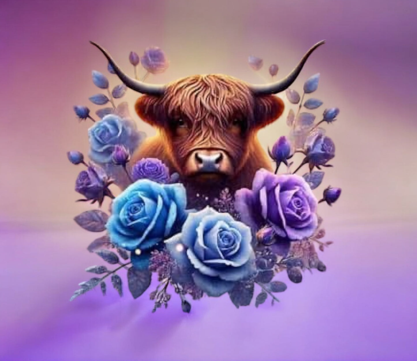 HIGHLAND COW WITH FLOWERS, AND PURPLE BACKGROUND